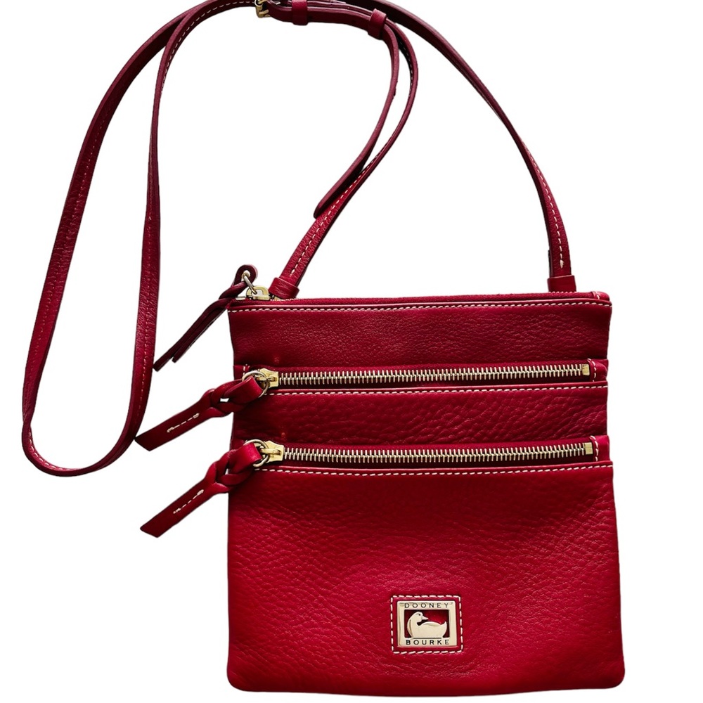 Dooney & Bourke Pebble Grain Triple Gold Zipper Crossbody Bag Red Leather Purse